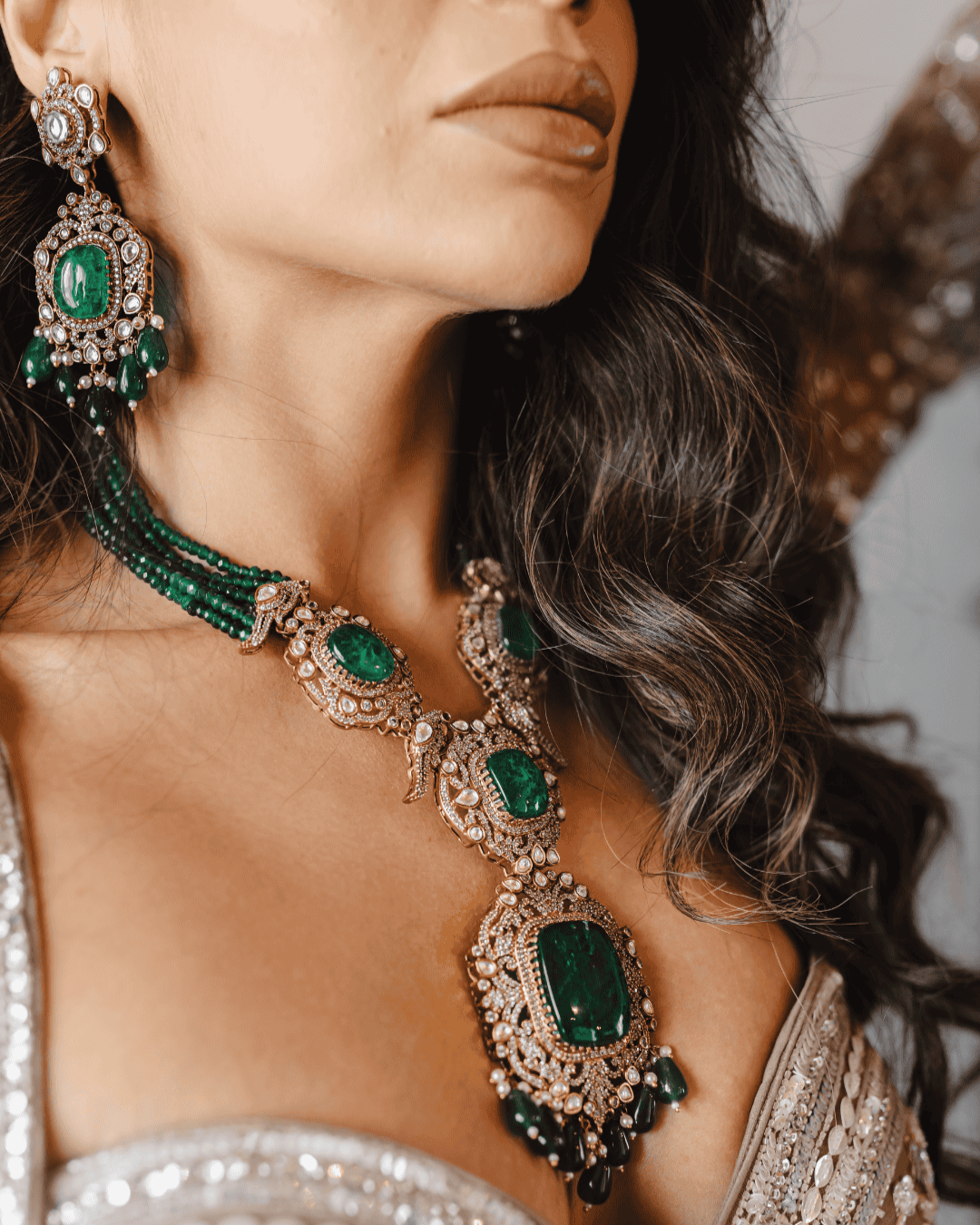 Image of model wearing green Moissanite Polki necklace set from Inaury.com