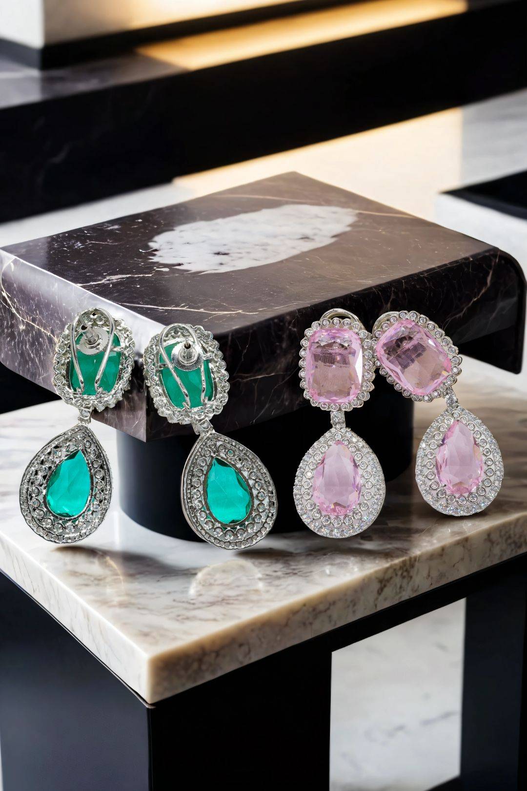 Pink Teardrop Statement Earrings and Necklace Set on Display