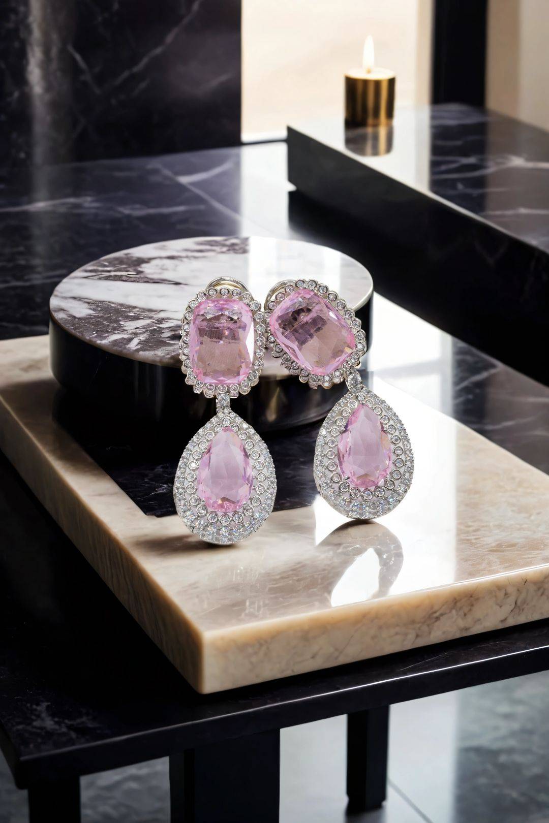 Pink Teardrop Statement Earrings and Necklace Set on Display