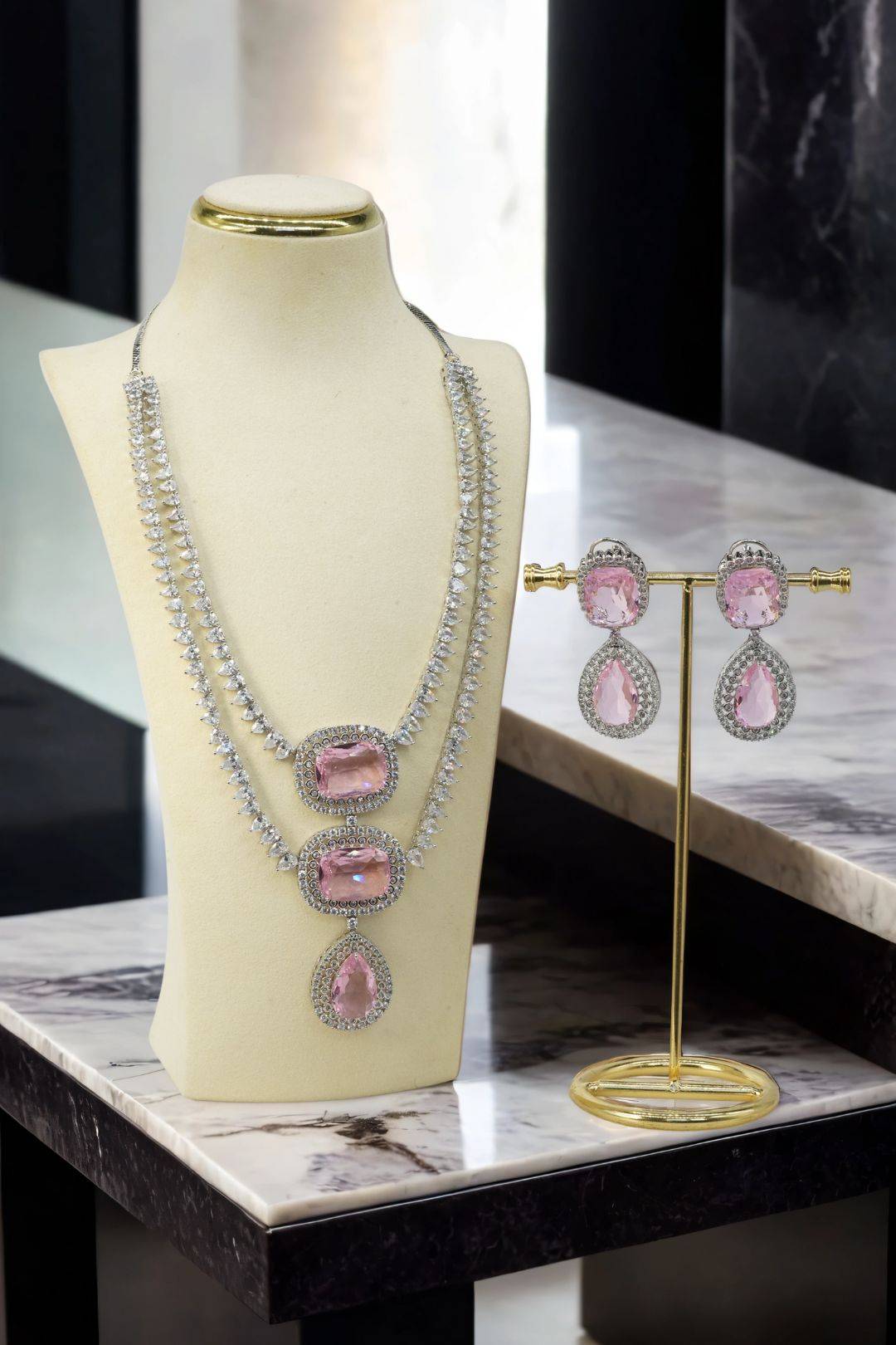 Kyna - Pink Teardrop Statement Earrings and Necklace Set on Display