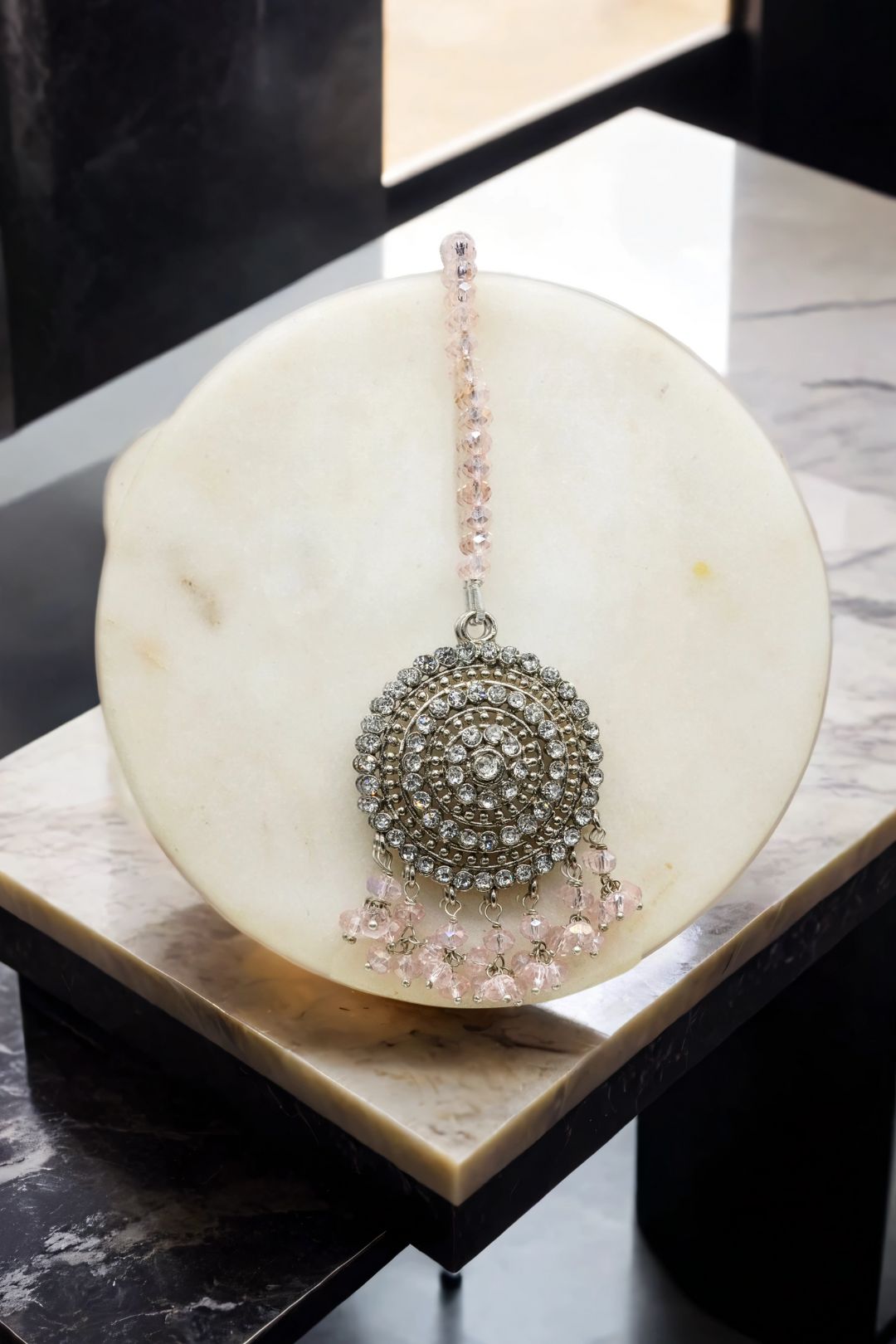 Handcrafted Zircon Stone Maang Tikka with Light Pink Beads