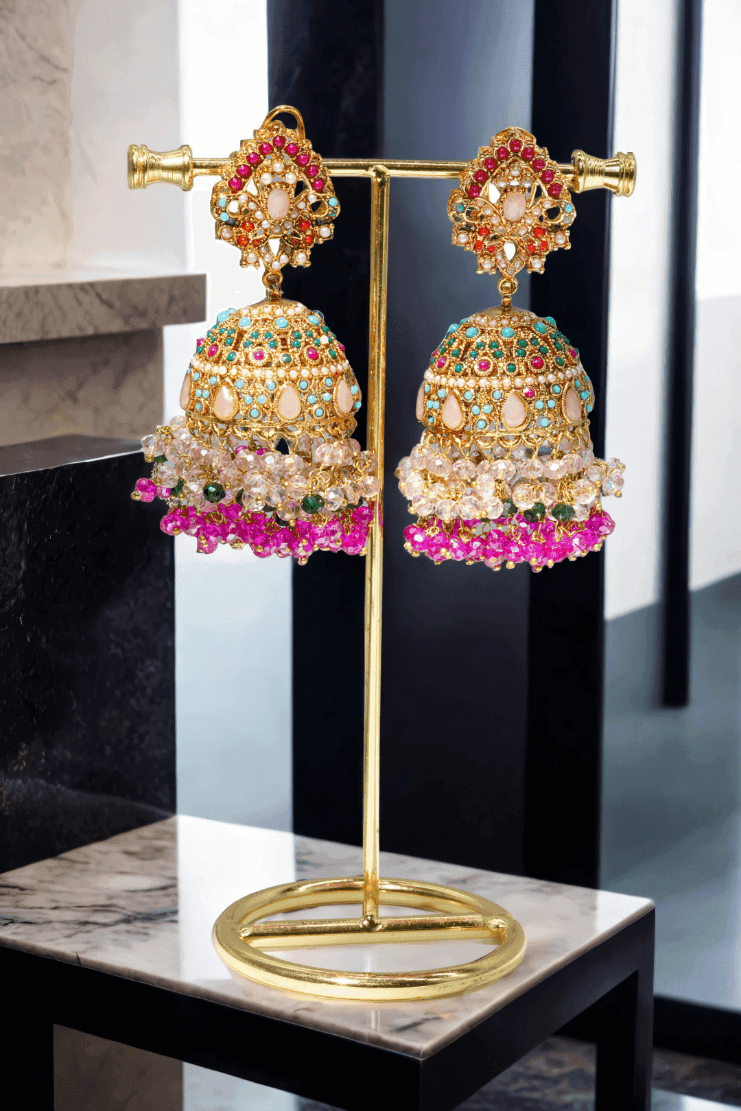 Aamina Matte Gold Plated Multicolor Jhumkas - Navratan Indian jewelry