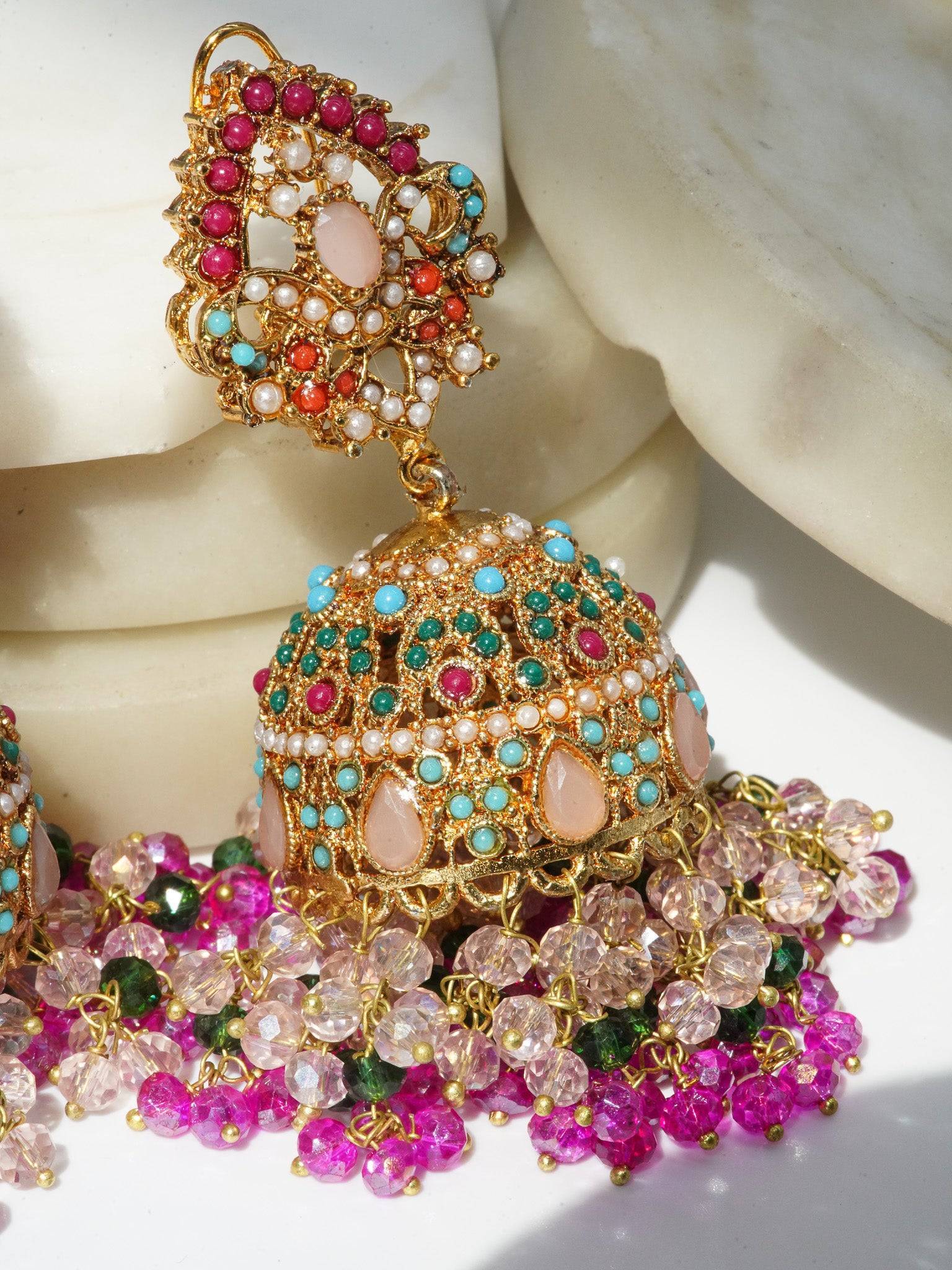 Aamina Matte Gold Plated Multicolor Jhumkas - Navratan Indian jewelry