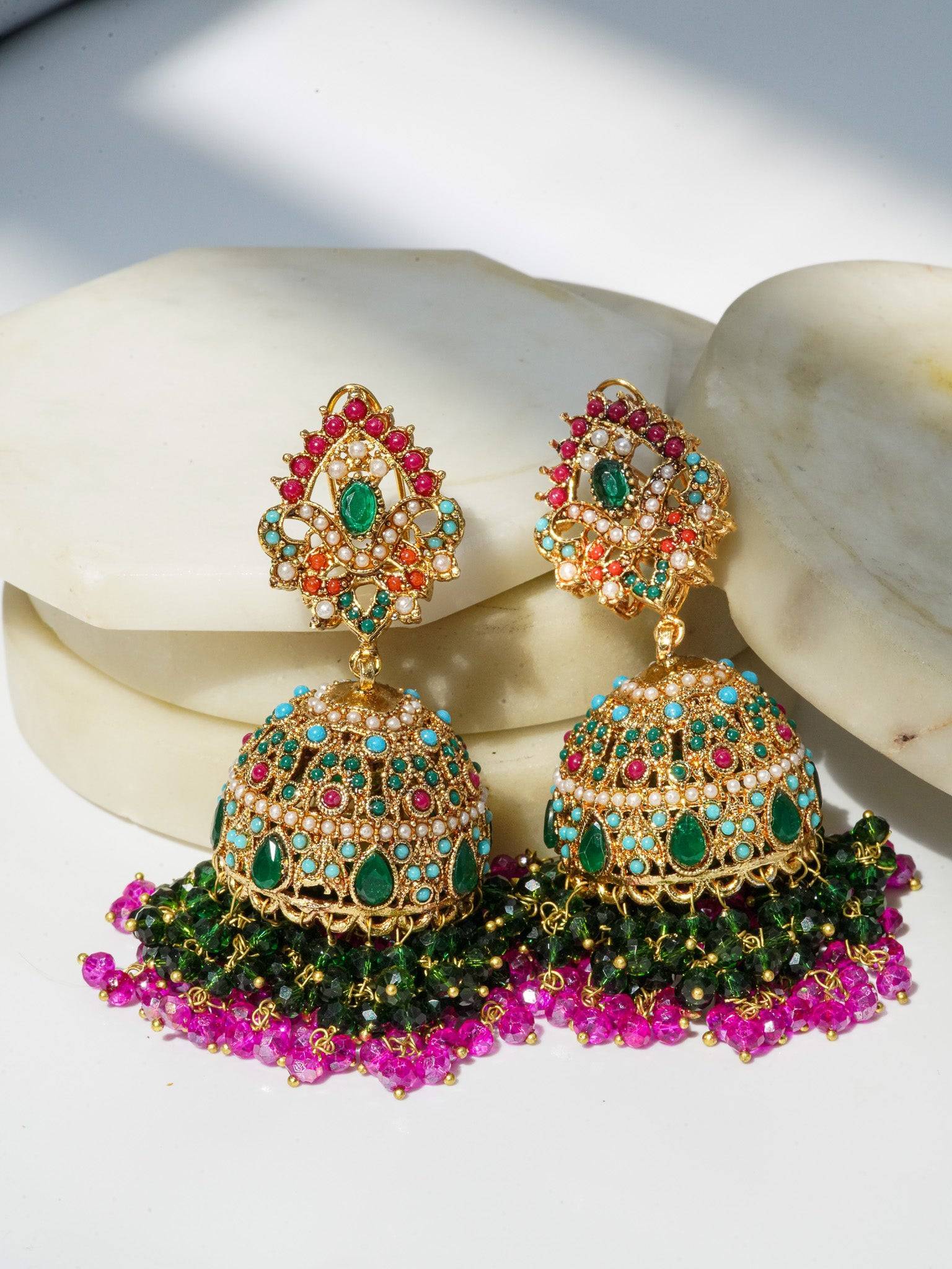 Aamina Matte Gold Plated Multicolor Jhumkas - Navratan Indian jewelry