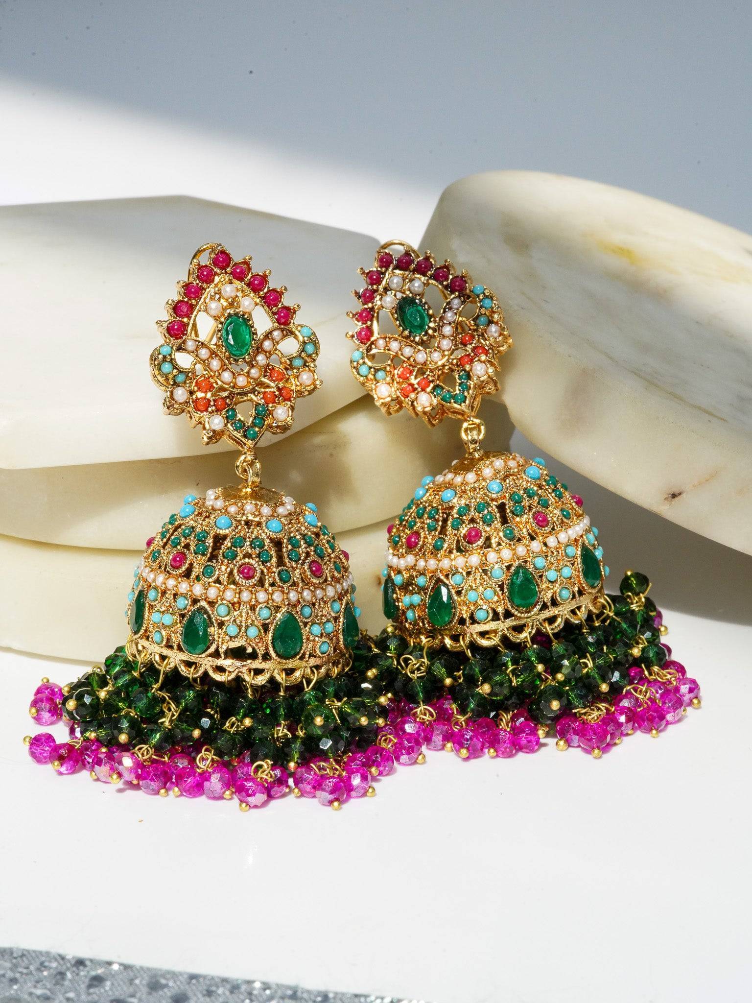 Aamina Matte Gold Plated Multicolor Jhumkas - Navratan Indian jewelry