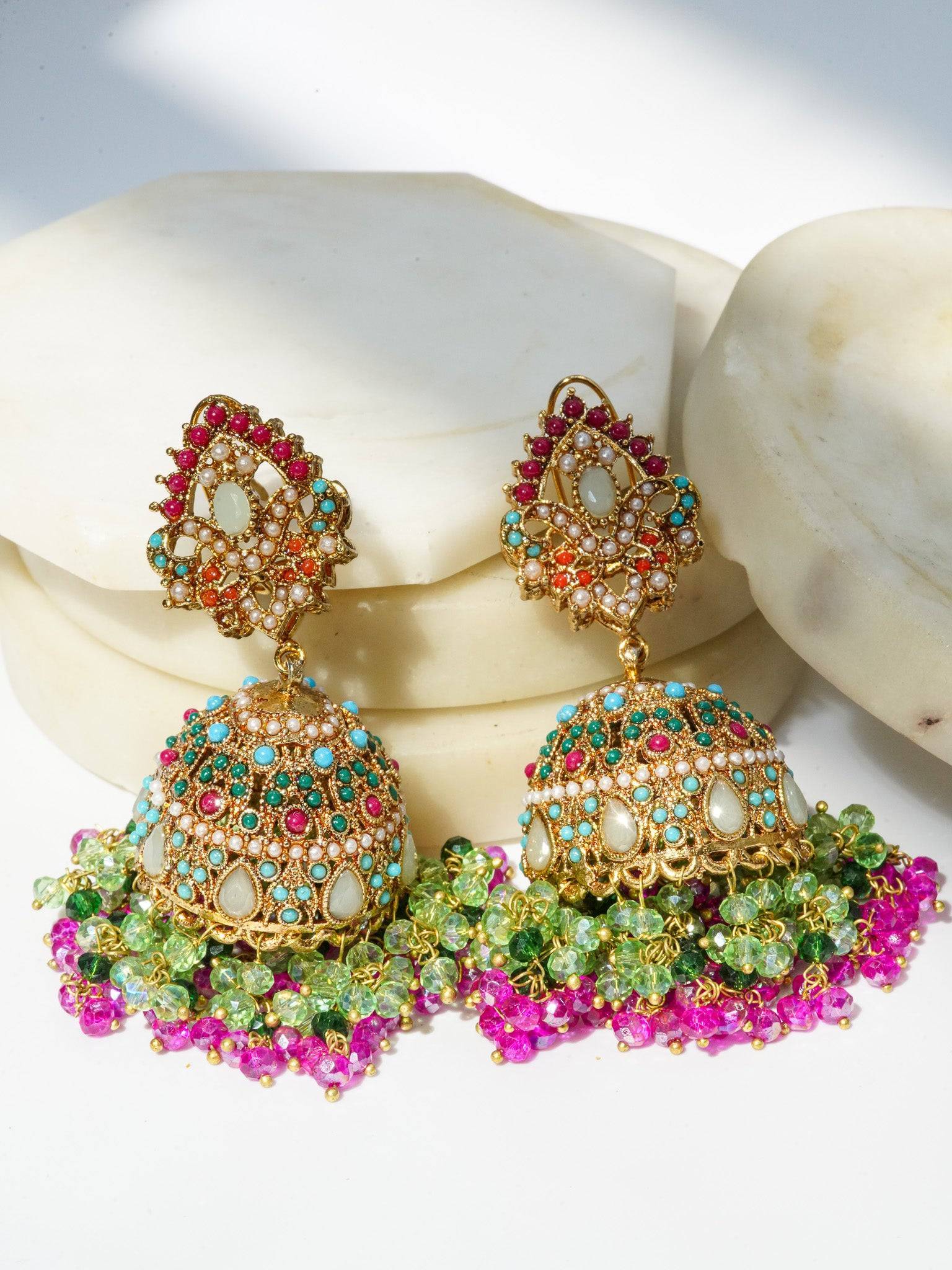 Aamina Matte Gold Plated Multicolor Jhumkas - Navratan Indian jewelry