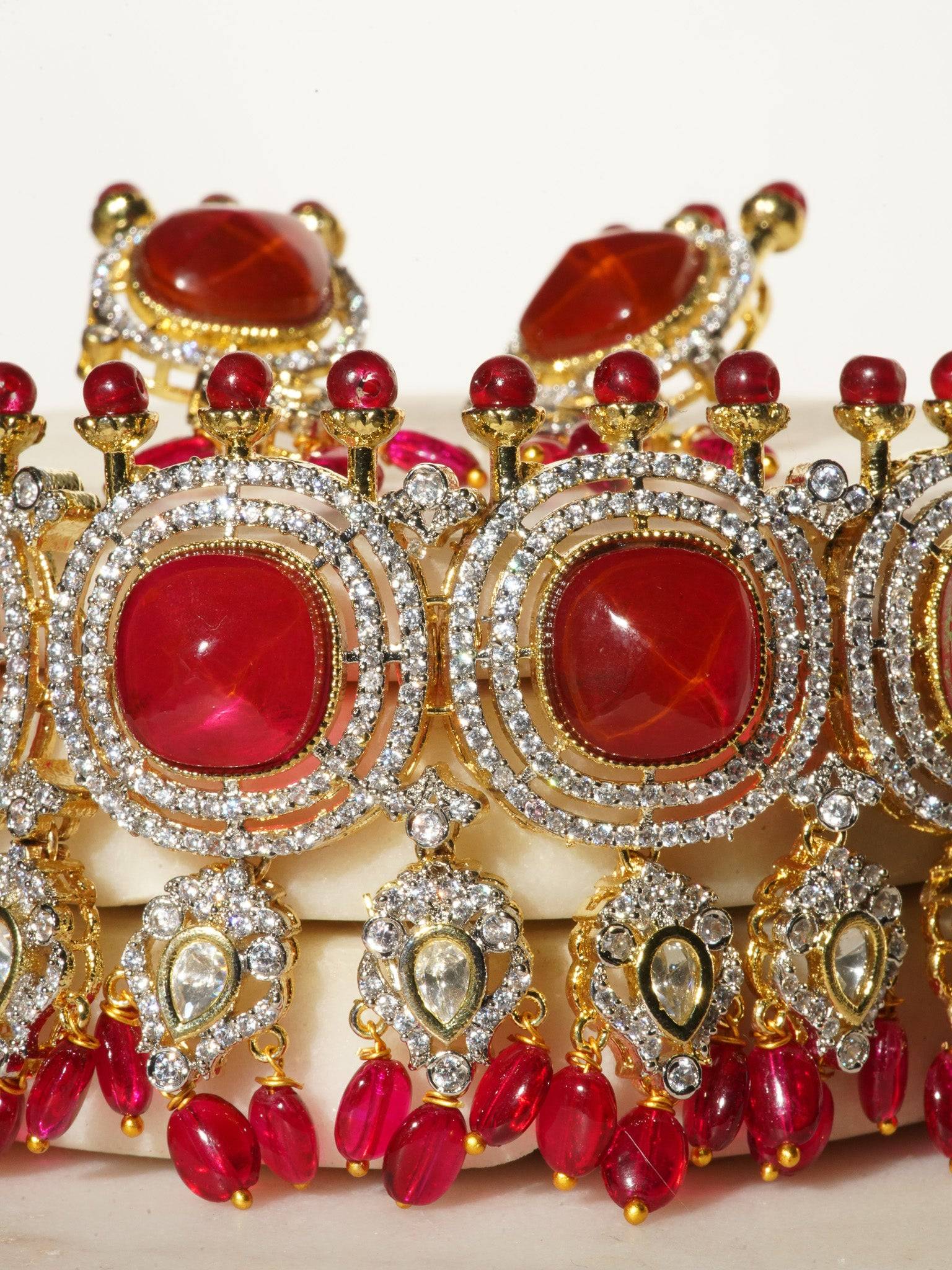 Sweta - Red Choker Necklace with Diamante Accent AD Stones & Kundan Paired with Top Dangler Earrings