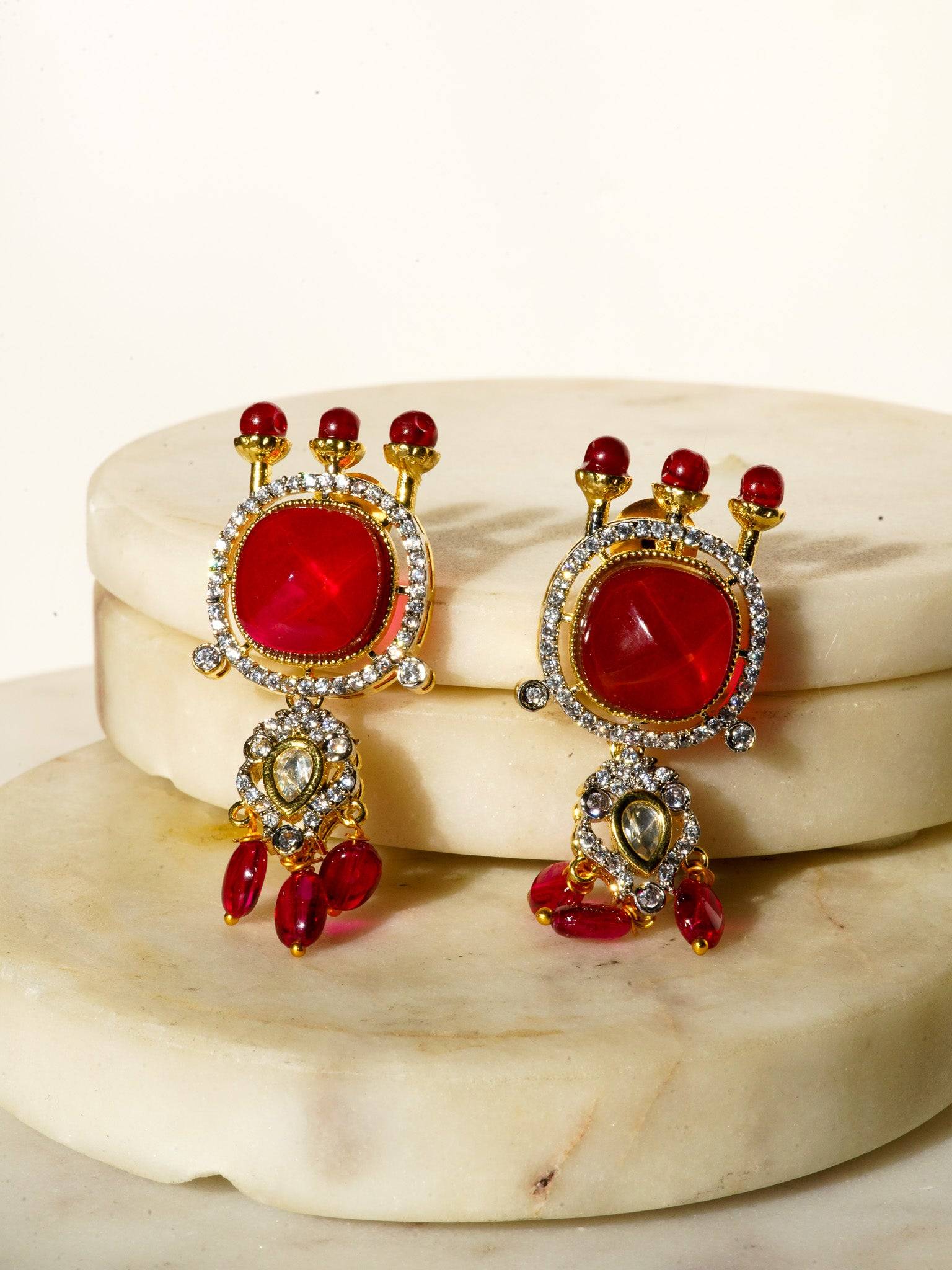 Sweta - Red Choker Necklace with Diamante Accent AD Stones & Kundan Paired with Top Dangler Earrings