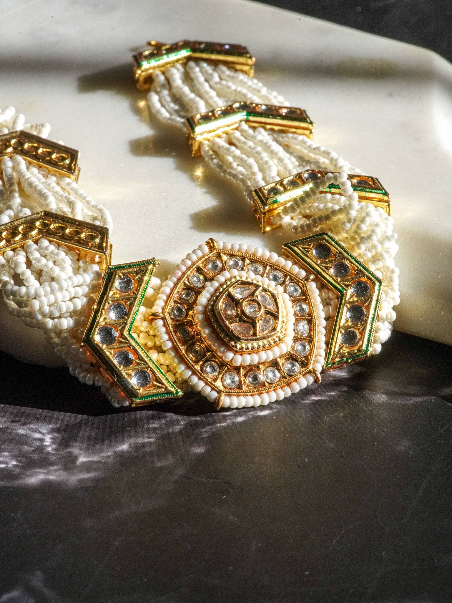 Subha Gold-Plated Kundan Mathapatti with Pearl and Beading - Indian Jewelry