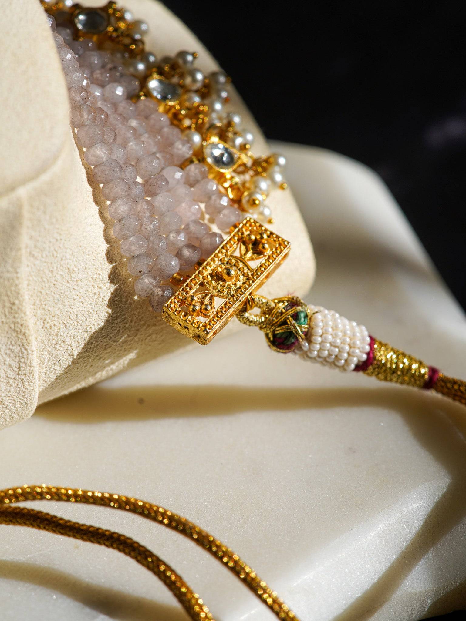 Indian Jewelry - Aaina Gold-Plated Kundan Choker Necklace Set with Lavender Beads, showcasing exquisite craftsmanship.