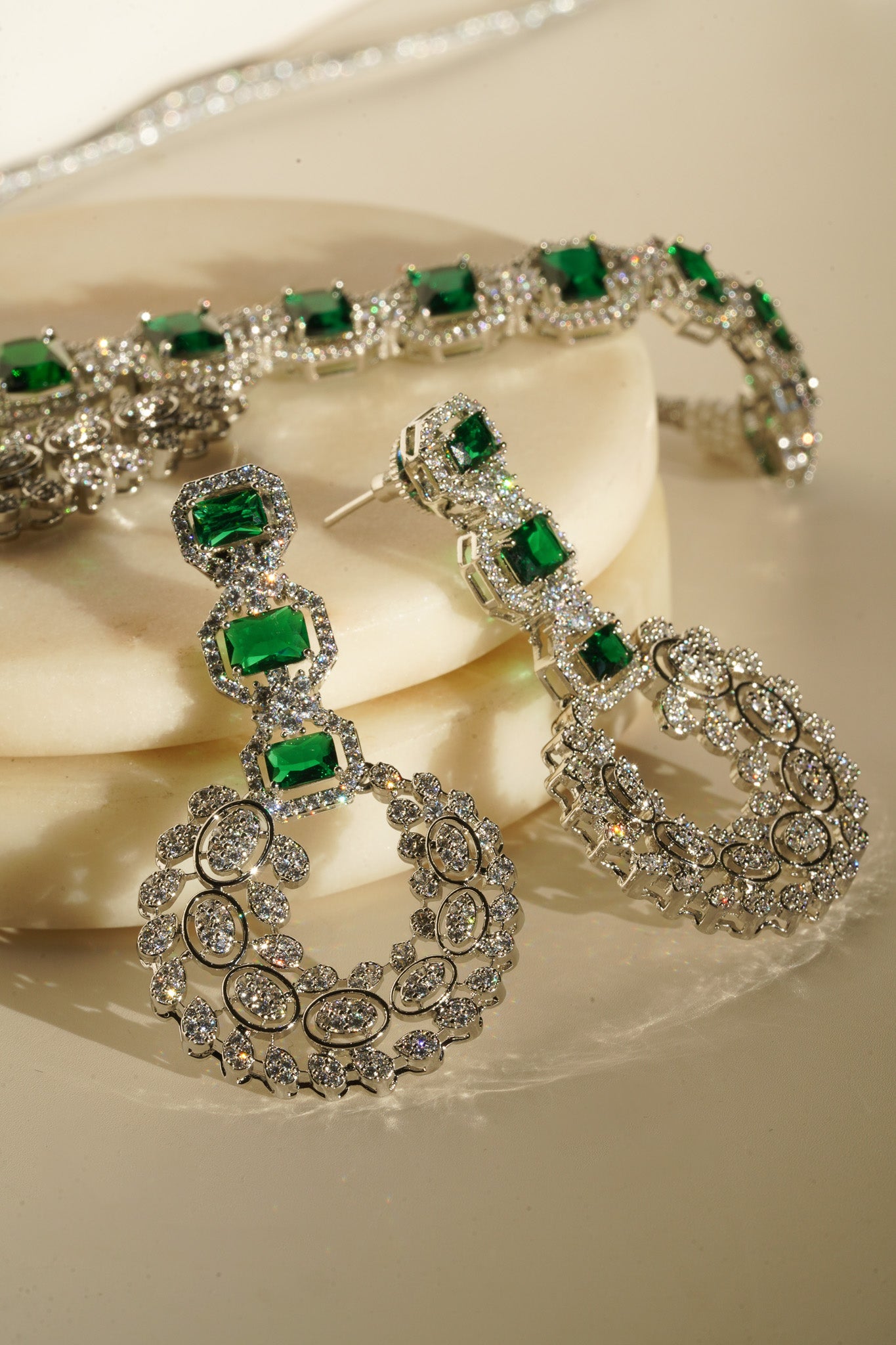 Ashma - Multilayer Rhodium Plated Silver Finish & Emerald Green Bridal Set