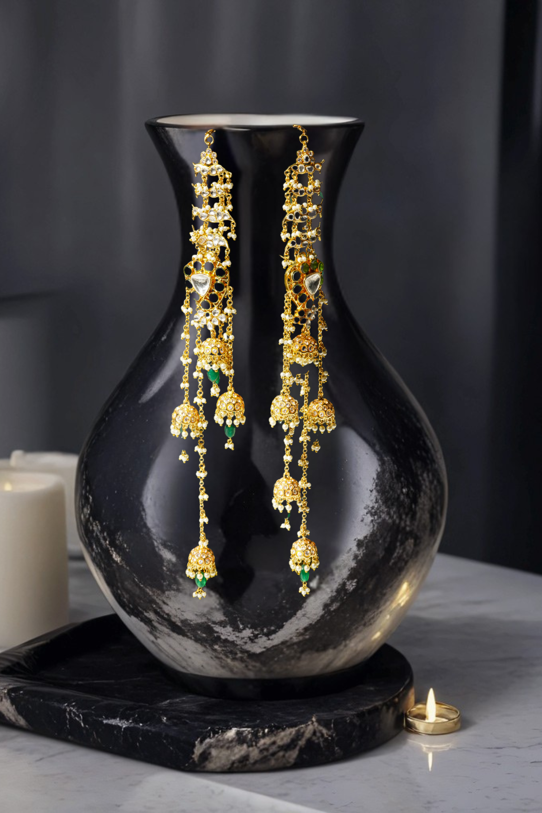 Hafsa Moissanite Polki Shararay Earrings with Pearl Tassels & Green Enamel