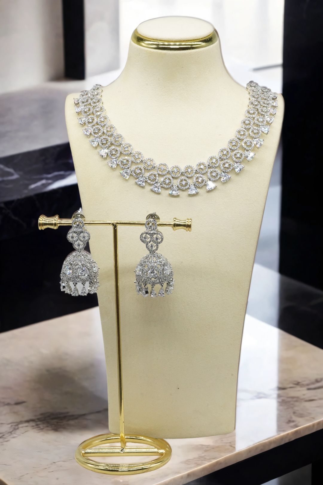 Zeba Necklace Set in Rhodium Plating with AD Diamante Accent Stones