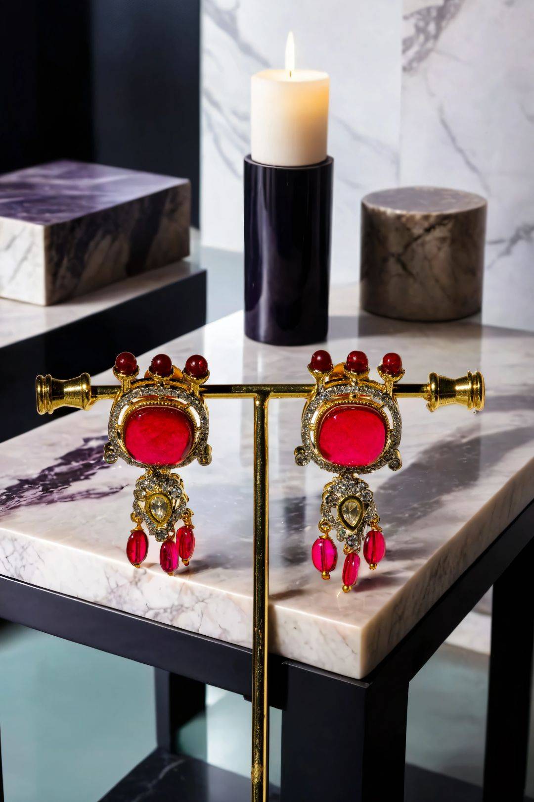 Sweta - Red Choker Necklace with Diamante Accent AD Stones & Kundan Paired with Top Dangler Earrings