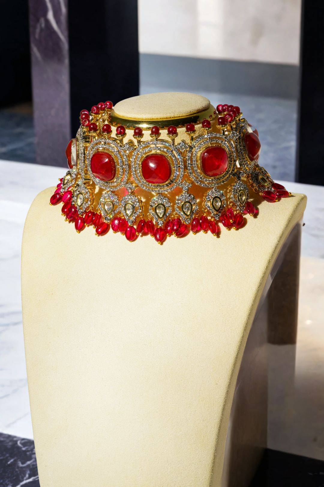 Sweta - Red Choker Necklace with Diamante Accent AD Stones & Kundan Paired with Top Dangler Earrings