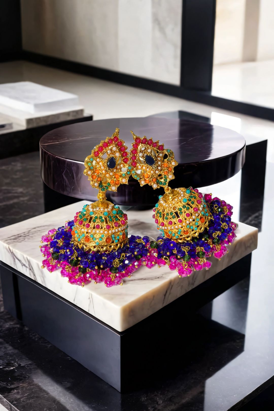 Sahana Matte Gold Plated Multicolor Jhumkas - Navratan Indian jewelry