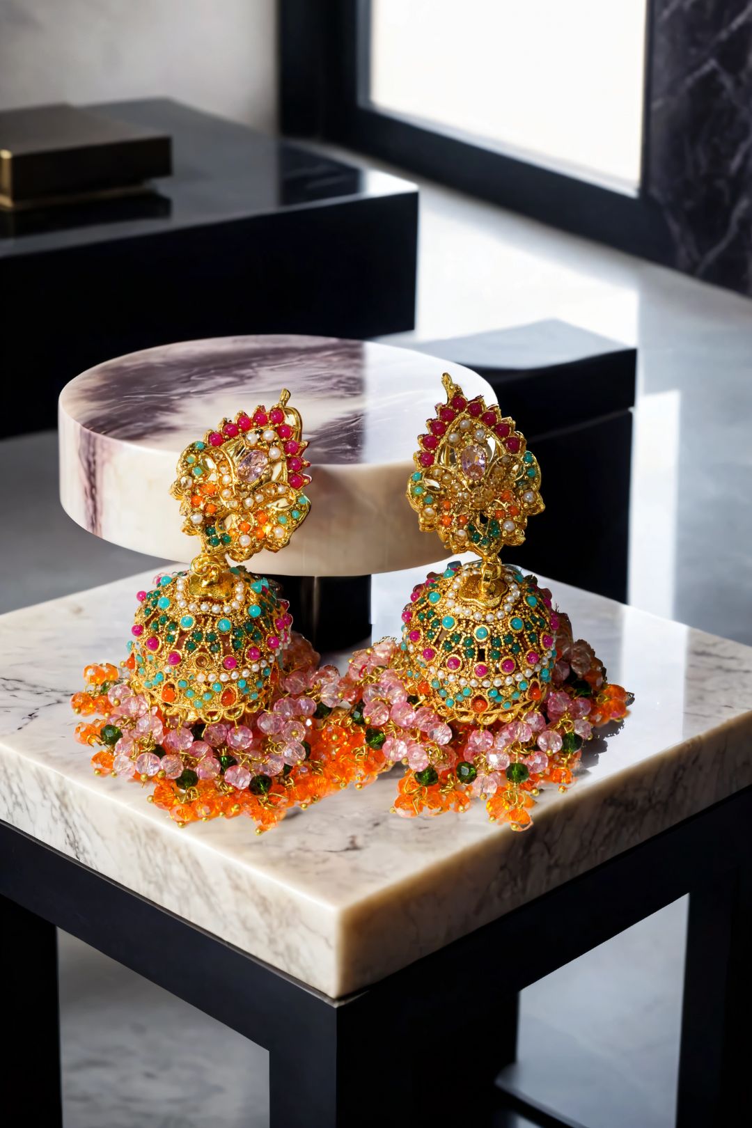 Sahana Matte Gold Plated Multicolor Jhumkas - Navratan Indian jewelry