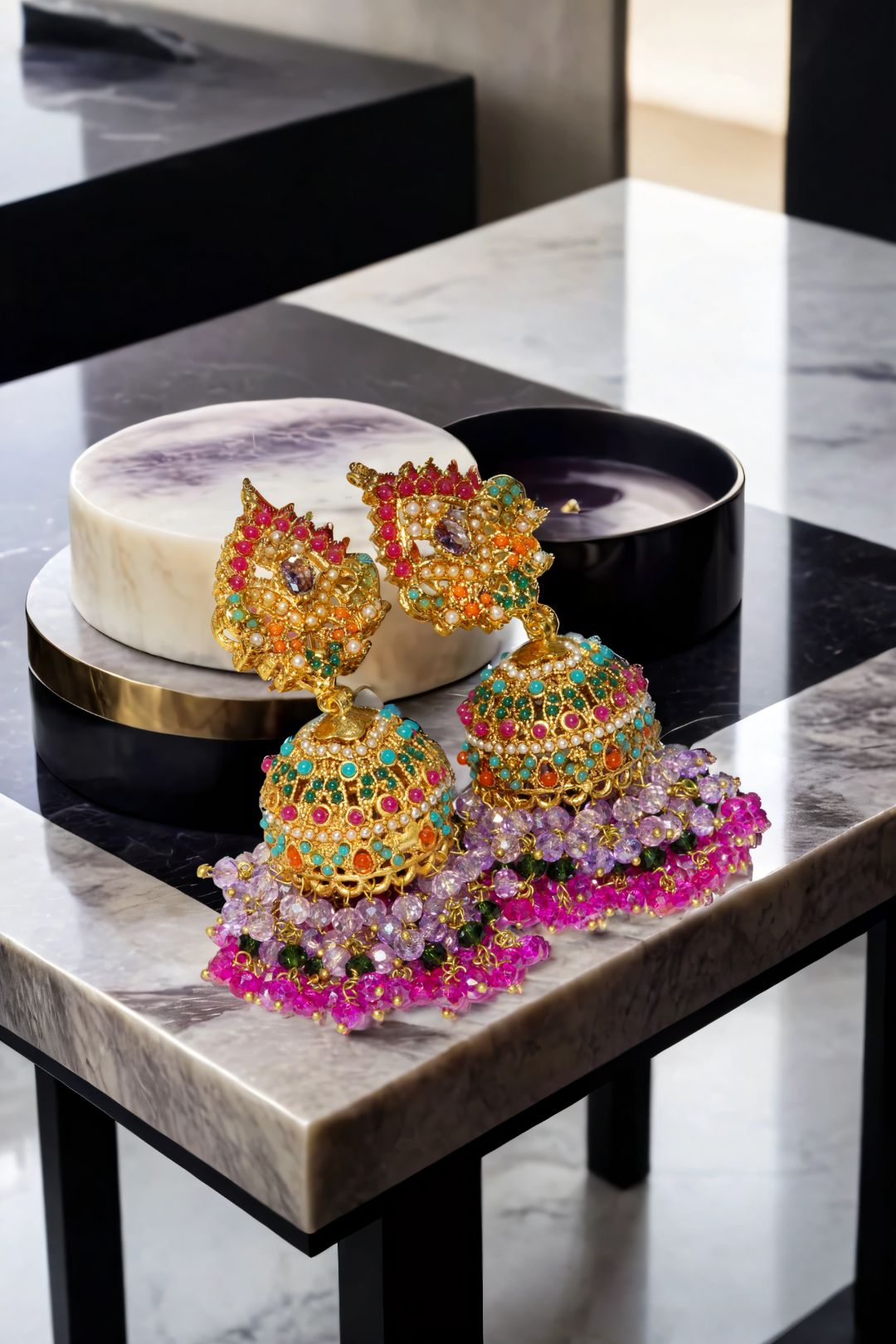 Sahana Matte Gold Plated Multicolor Jhumkas - Navratan Indian jewelry