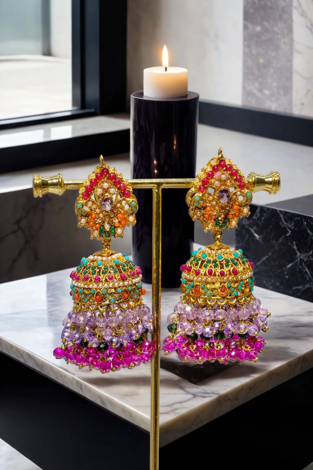 Sahana Matte Gold Plated Multicolor Jhumkas - Navratan Indian jewelry