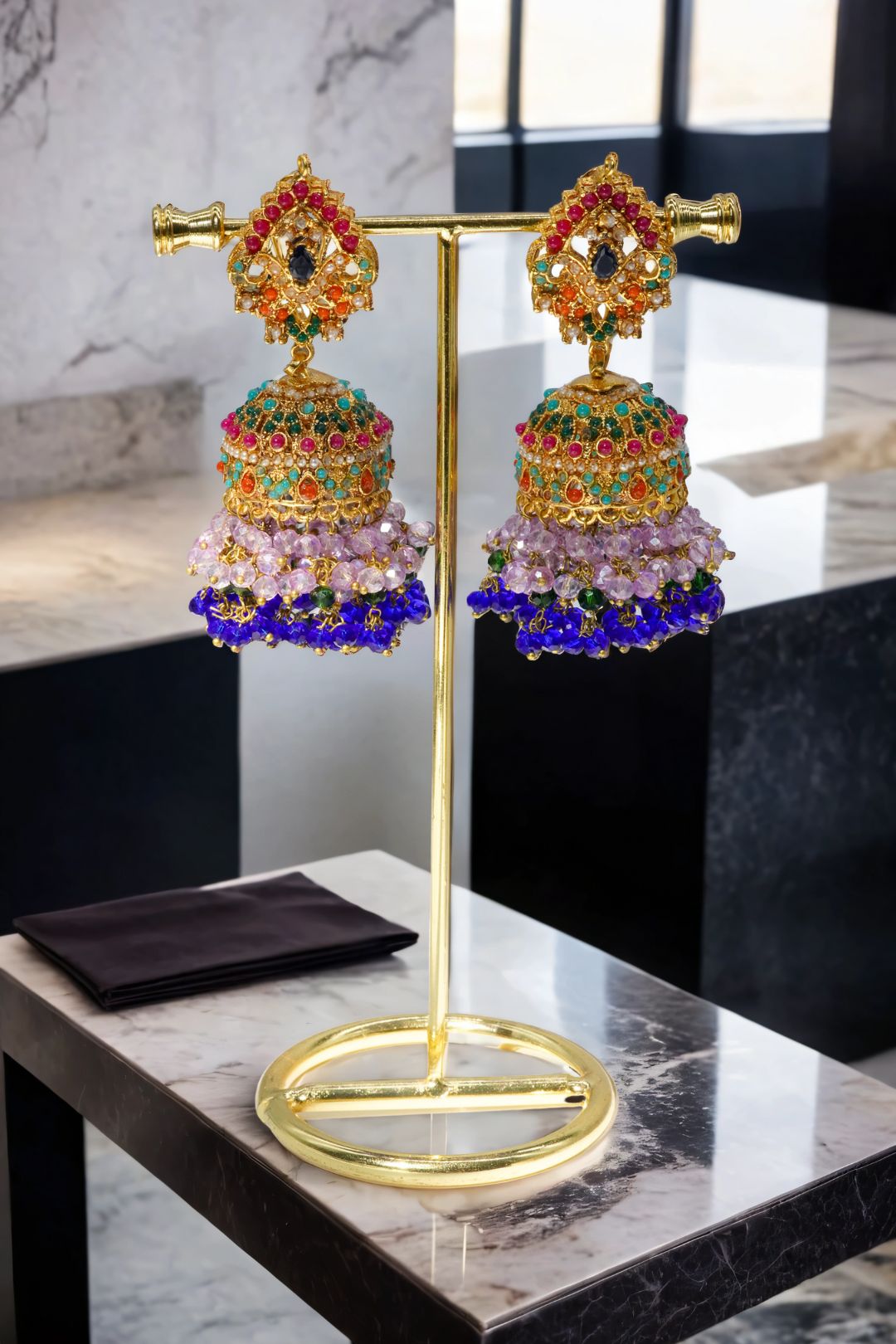 Sahana Matte Gold Plated Multicolor Jhumkas - Navratan Indian jewelry