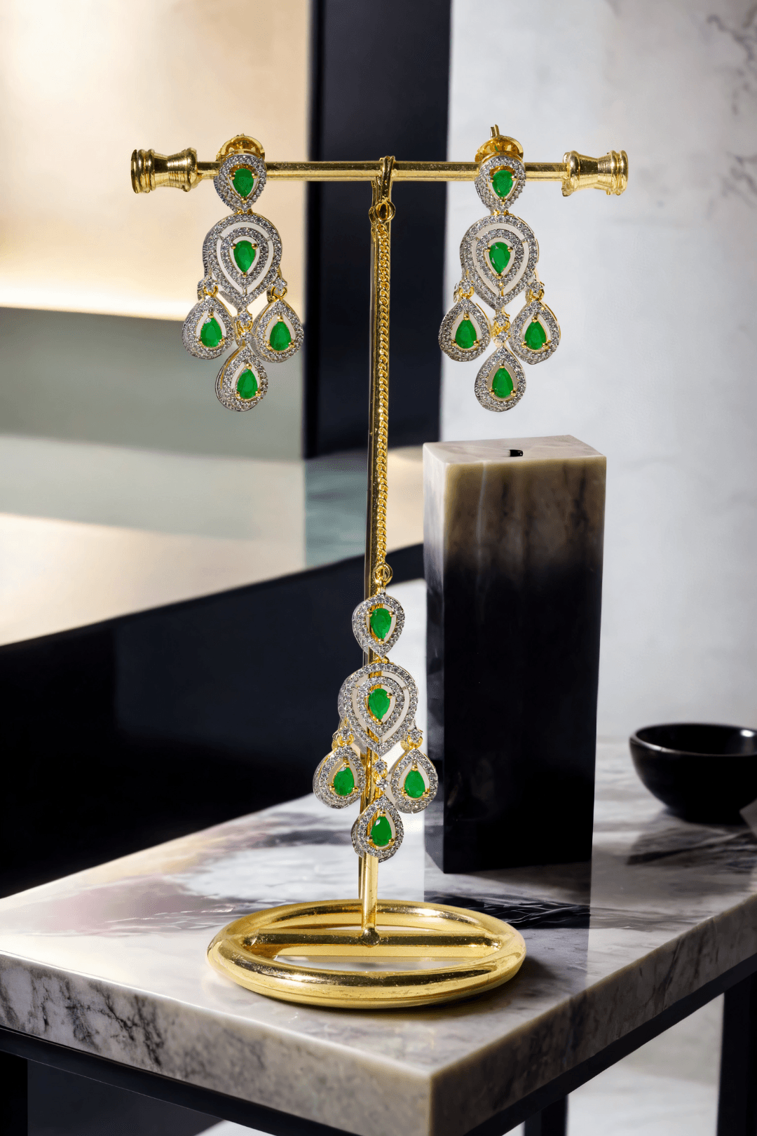 Gold Plated Earring and Maang Tikka Set in Green from inaury.com