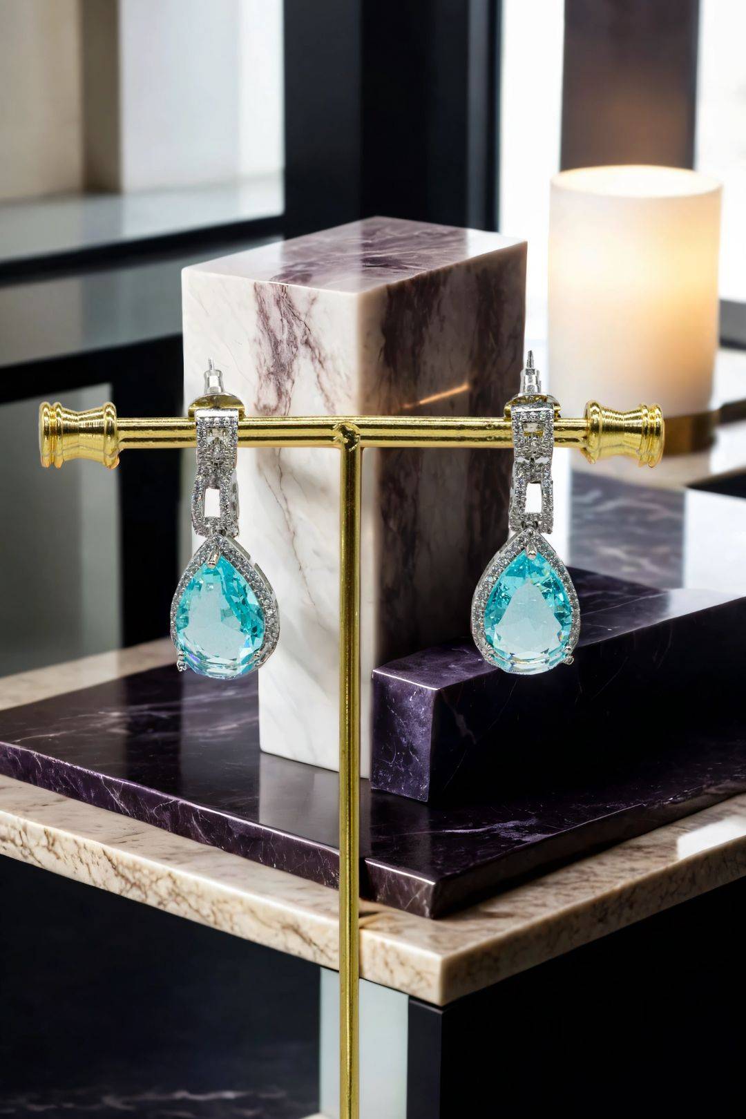 Malina Rhodium-Plated Necklace Set with Aqua Blue Teardrop Center Stone - Indian jewelry