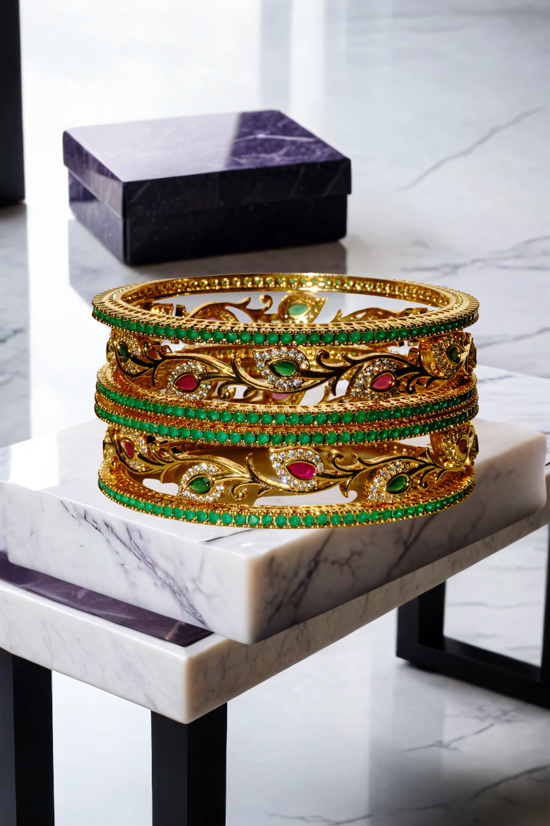 Norea 6-piece gold-plated bangle set with green, ruby, and white stones and intricate floral and vine motifs