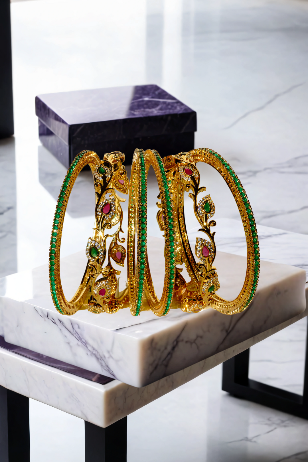 Norea 6-piece gold-plated bangle set with green, ruby, and white stones and intricate floral and vine motifs