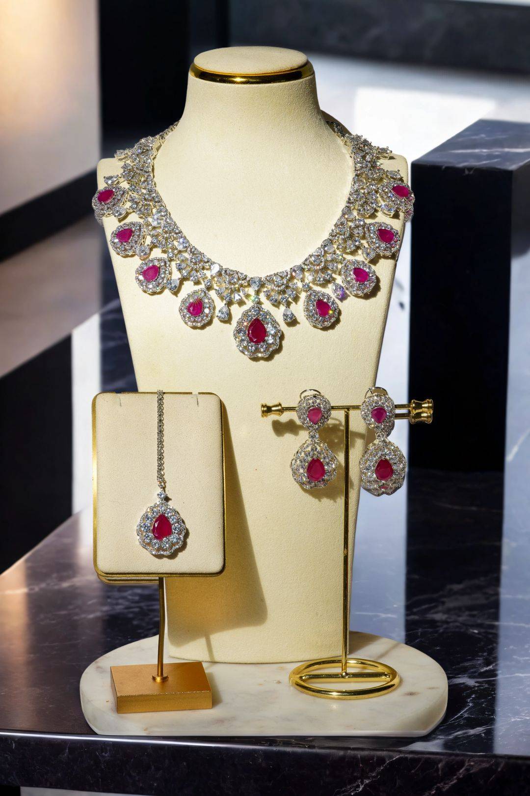 Purvi - Diamante Accent Necklace Set with Dangler Earrings & Matching Maang Tikka