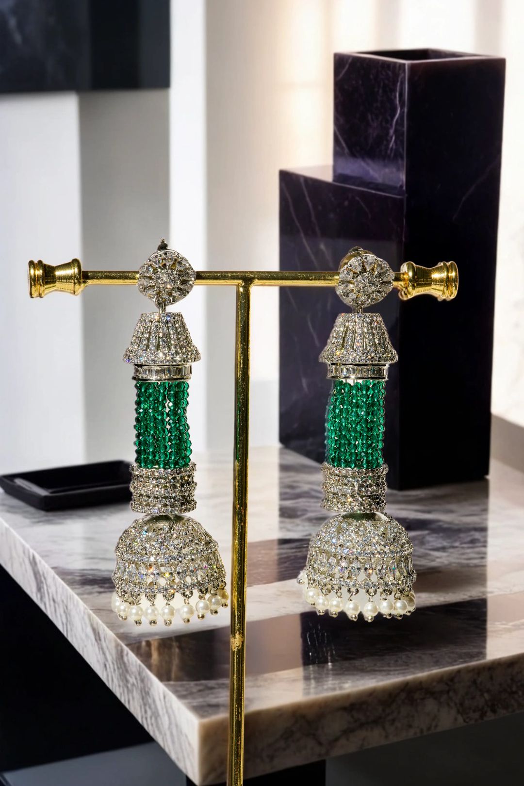 Riya Tassel AD Chandelier Earrings with Jhumkas in pink, green, and light green with AD stones and diamante accents