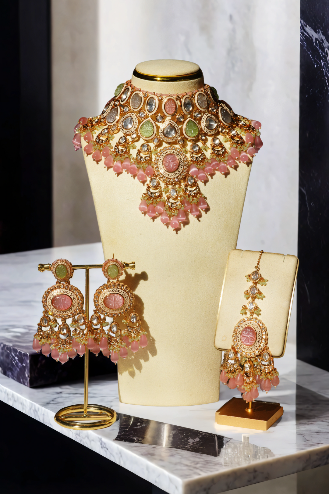 Shompa Kabir multi-pastel Moissanite Polki bridal choker set with gold plating, statement earrings, and maang tikka for bridal wear | Indian Bridal Jewelry | Indian Jewelry