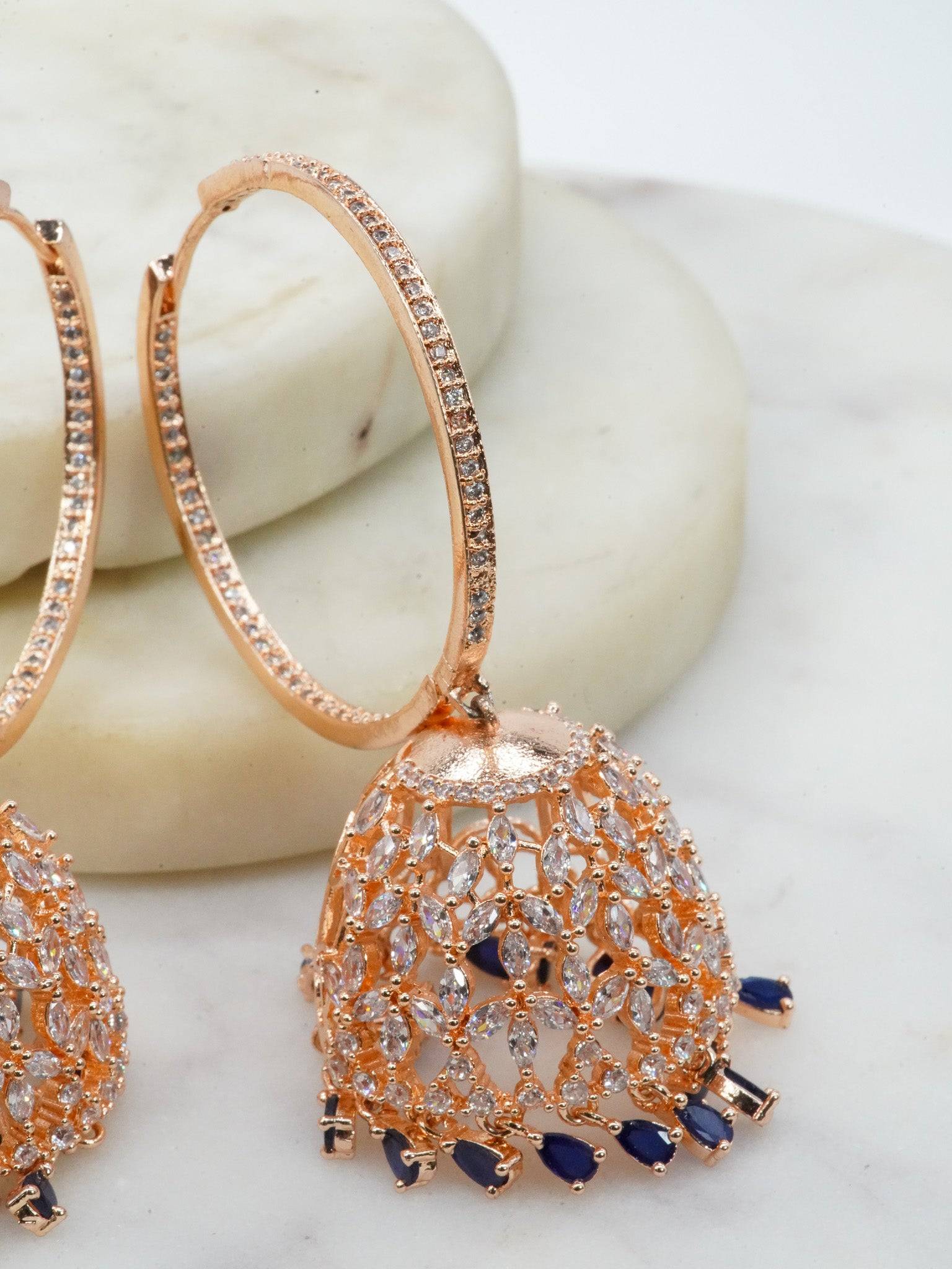 Tanzia Rose Gold Plated AD Hoop Jhumka Earrings - Indian jewelry