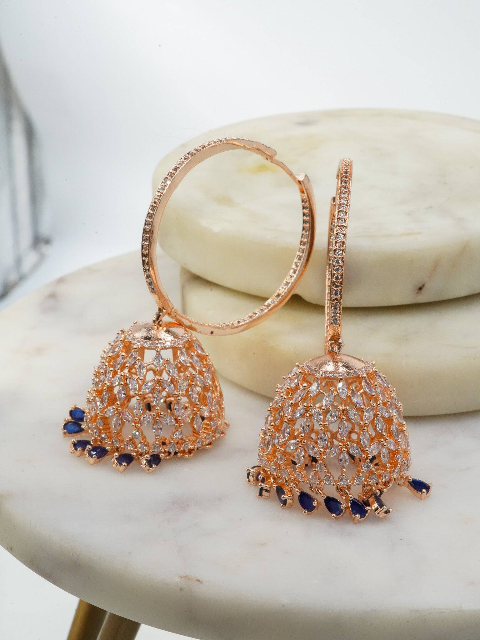 Tanzia Rose Gold Plated AD Hoop Jhumka Earrings - Indian jewelry