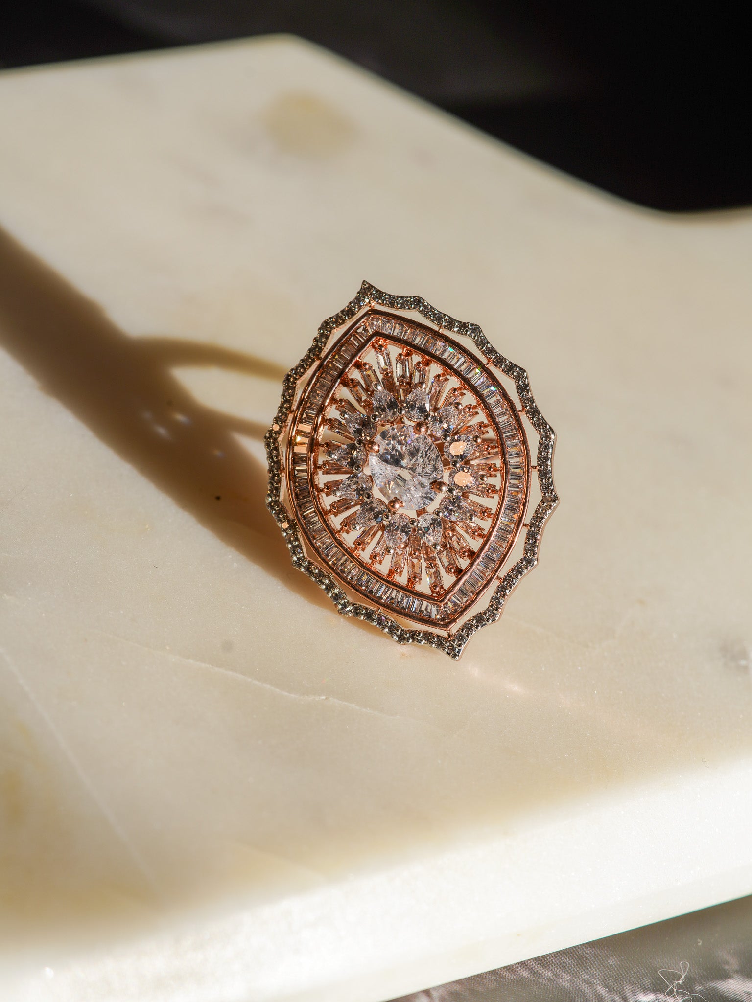 Aishi Rose Gold-Plated Marquise Oval Cocktail Ring with Diamante Accents - Indian Jewelry