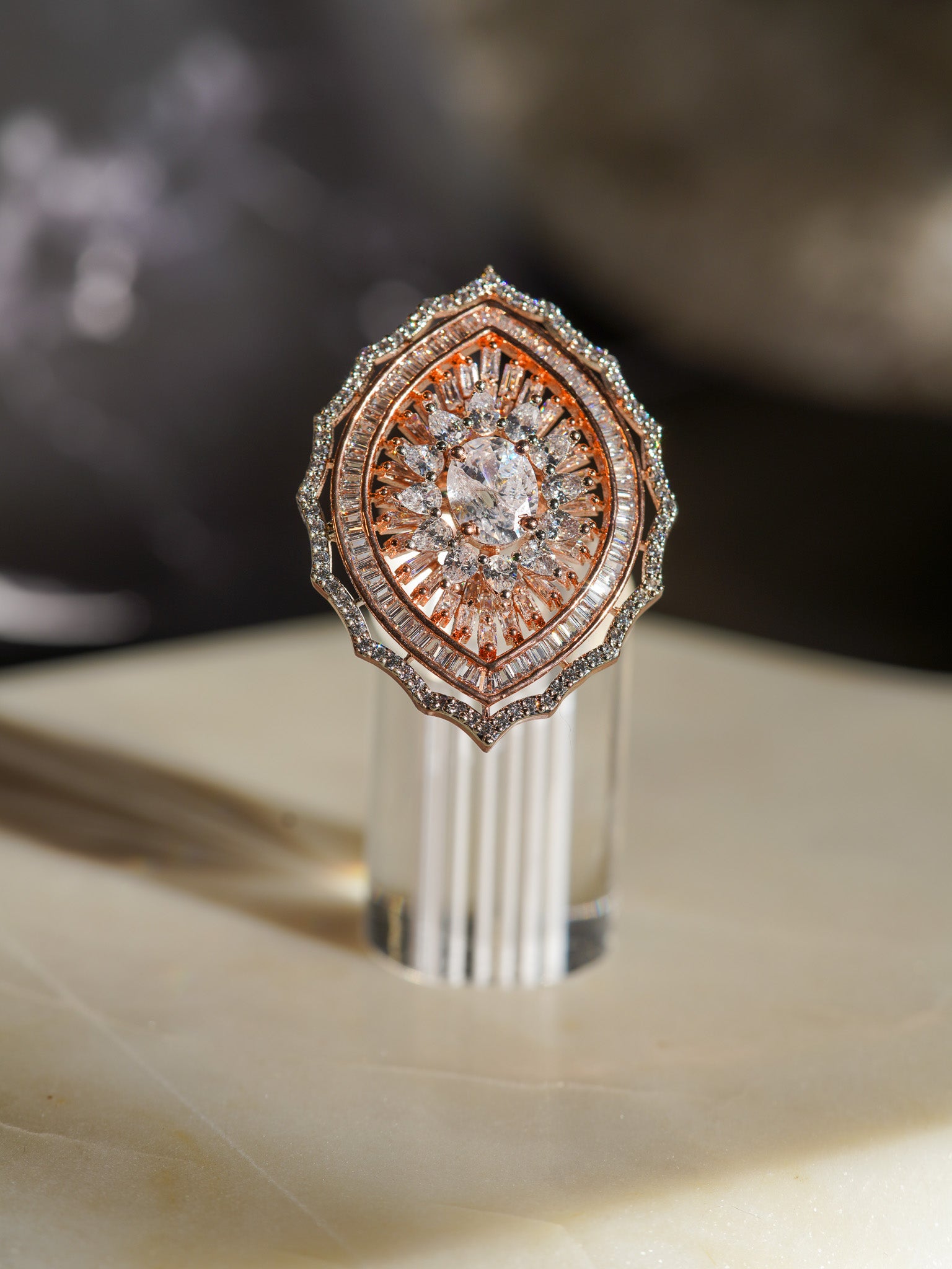 Aishi Rose Gold-Plated Marquise Oval Cocktail Ring with Diamante Accents - Indian Jewelry