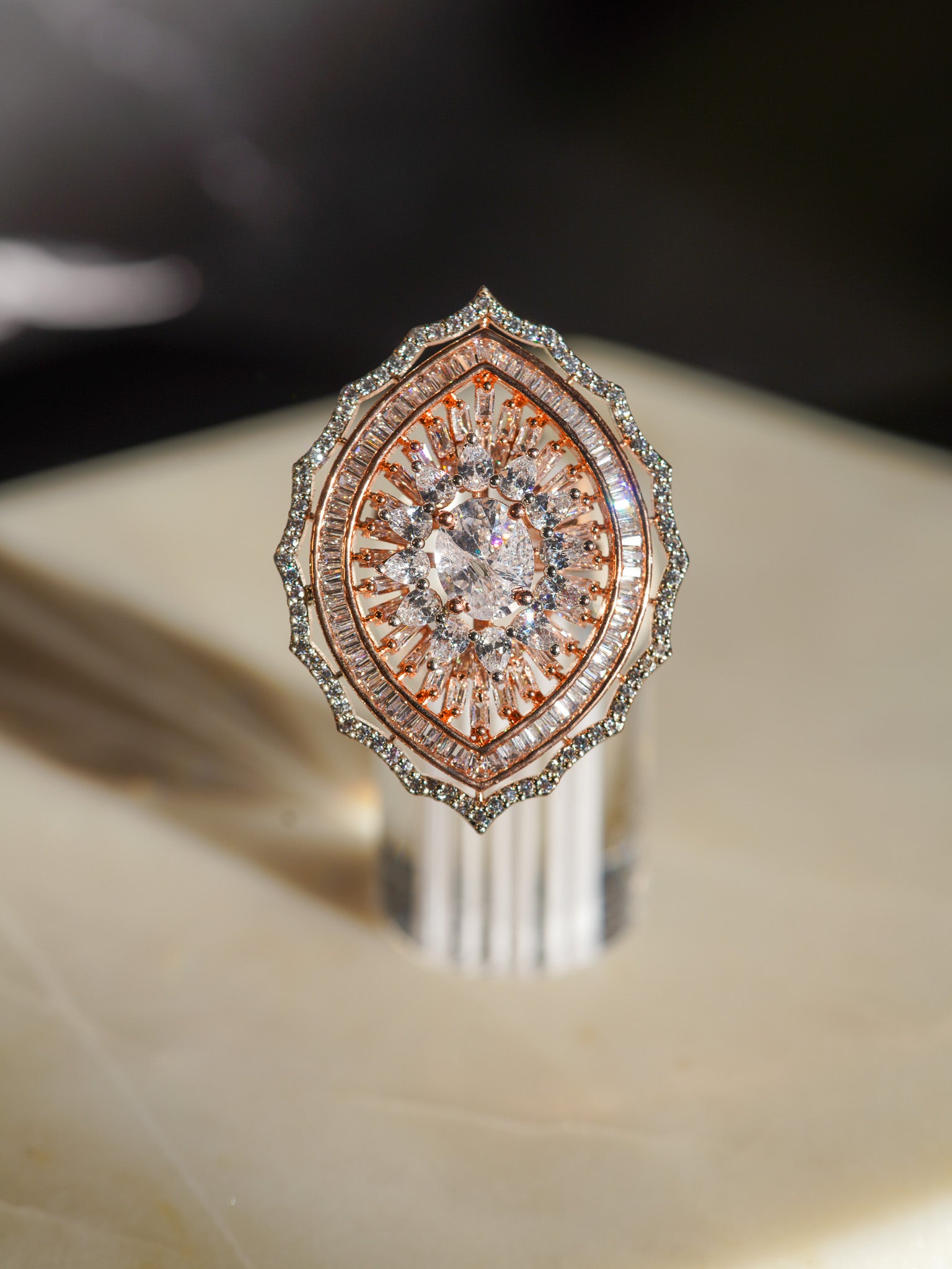 Aishi Rose Gold-Plated Marquise Oval Cocktail Ring with Diamante Accents - Indian Jewelry