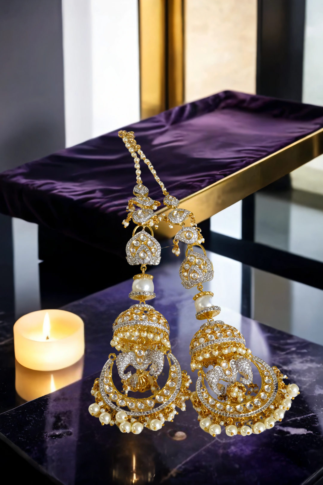 Aniva Moissanite Kundan earrings with intricate diamante details and faux pearl drops, ideal for weddings and festive occasions.