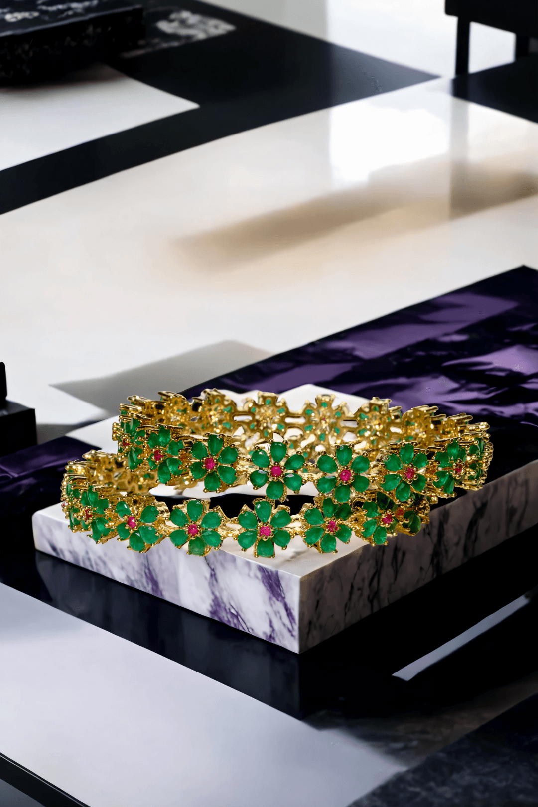 Arika 7-piece floral gold-plated bangle set with emerald and ruby stones on a marble background from Inaury