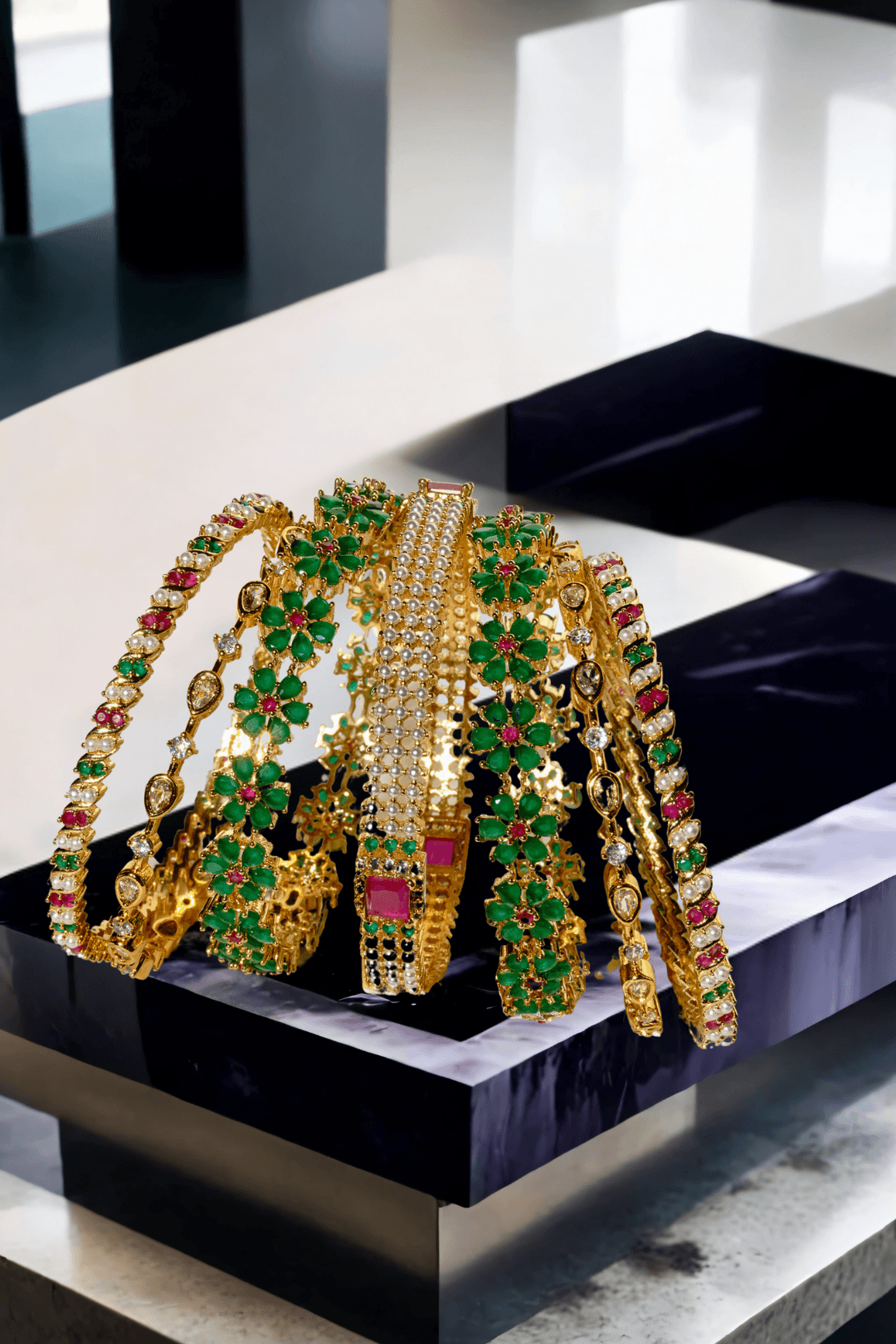 Arika 7-piece floral gold-plated bangle set with emerald and ruby stones on a marble background from Inaury