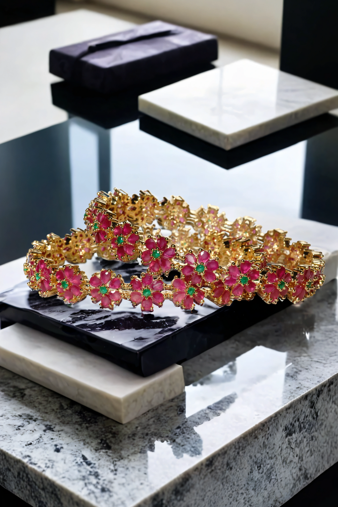 Arika 7-Piece Floral Gold-Plated Bangle Set with Emerald and Ruby Accents