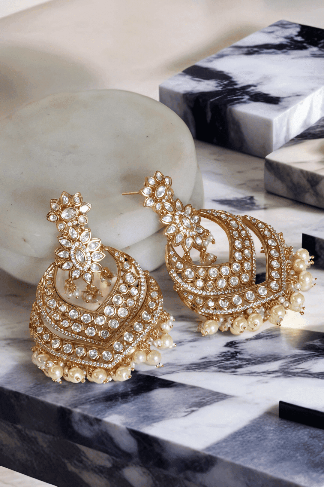 Ashmi Chandbali Statement Earrings - Gold-plated with Moissanite Polki stones, 3.5 inches long and 2.3 inches wide, designed for bold elegance.