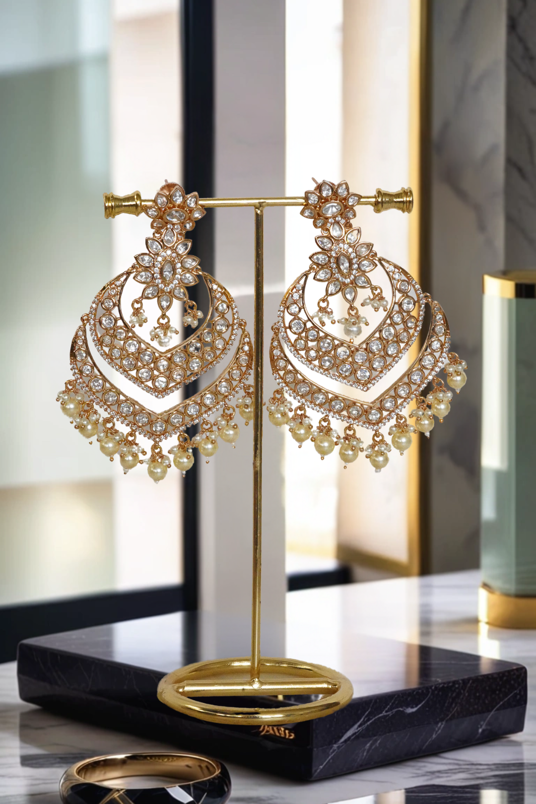 Ashmi Moissanite Kundan Chandbali earrings with gold plating, featuring intricate craftsmanship for weddings and festive occasions.