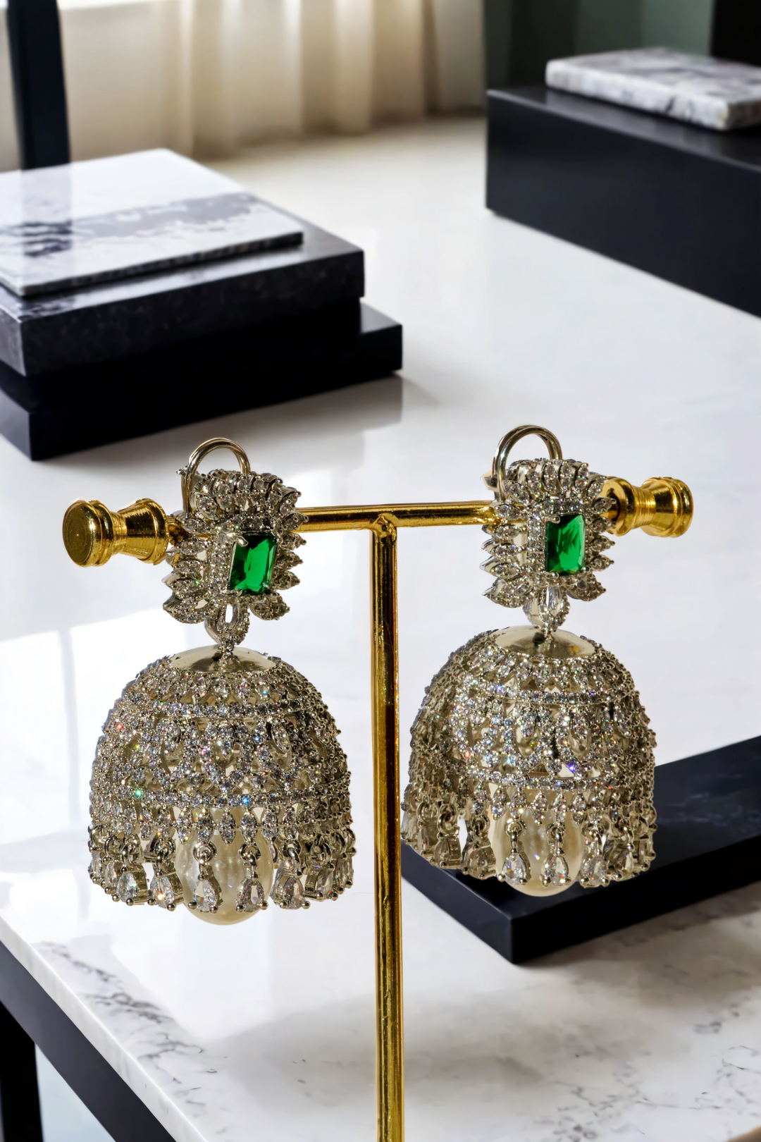 Erum Rhodium-Plated Jhumka Earrings with White Pavé Stones and Teardrop Pearl – Indian Bridal Jewelry