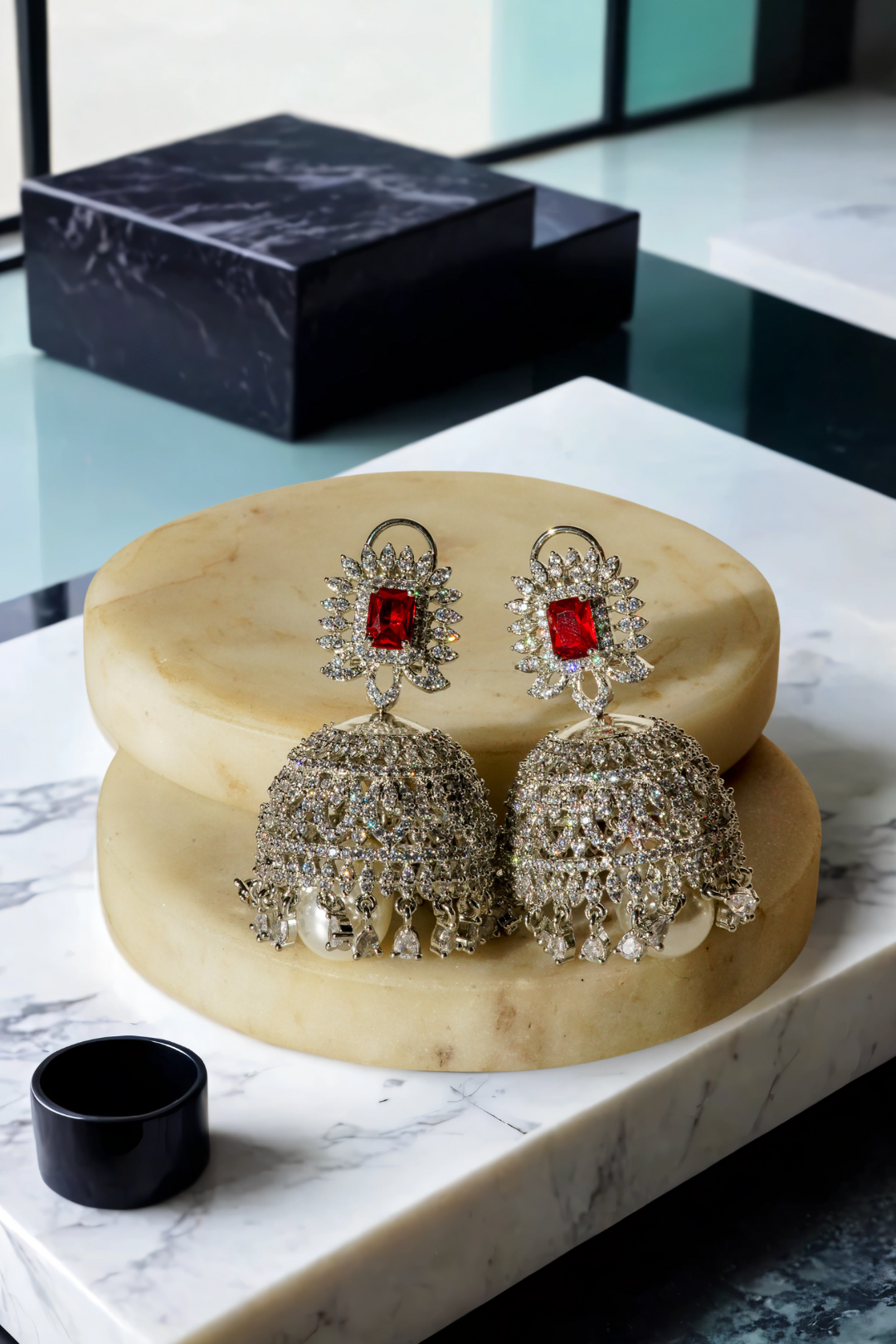 Erum Rhodium-Plated Jhumka Earrings with White Pavé Stones and Teardrop Pearl – Indian Bridal Jewelry