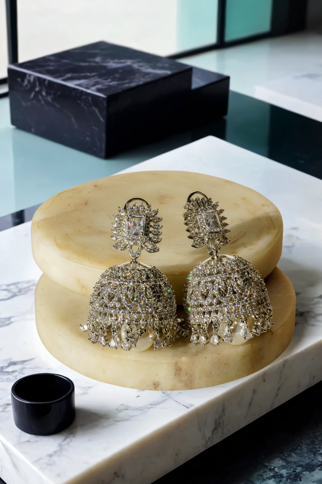 Erum Rhodium-Plated Jhumka Earrings with White Pavé Stones and Teardrop Pearl – Indian Bridal Jewelry