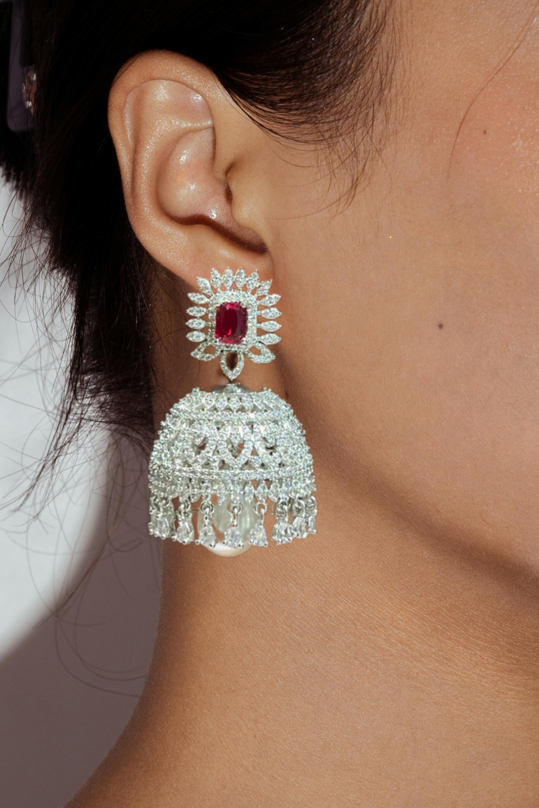 Erum Rhodium-Plated Jhumka Earrings with White Pavé Stones and Teardrop Pearl – Indian Bridal Jewelry