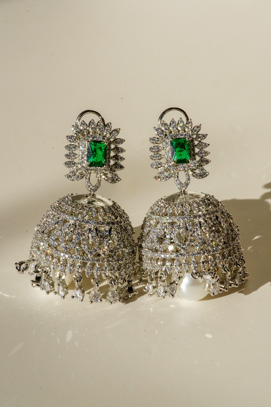 Erum Rhodium-Plated Jhumka Earrings with White Pavé Stones and Teardrop Pearl – Indian Bridal Jewelry