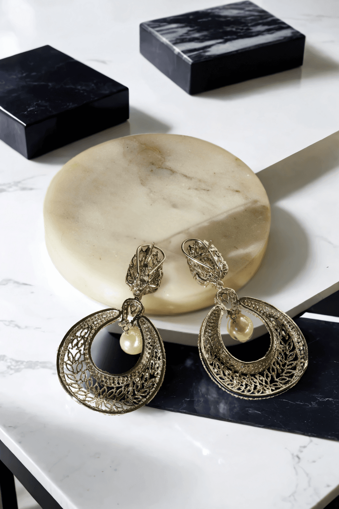 Esmeralda rhodium-plated crescent earrings with white stones and pearl drop, Indian jewelry, 2.8 inches long, for parties and weddings.