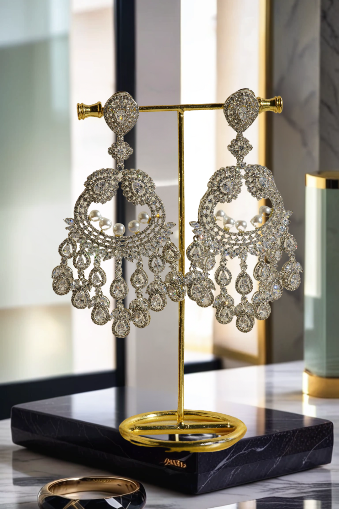 Imaan Grandeur Crescent Earrings - 4.2-inch rhodium-plated earrings featuring pavé crystals, pearls, and teardrop details for an elegant look.