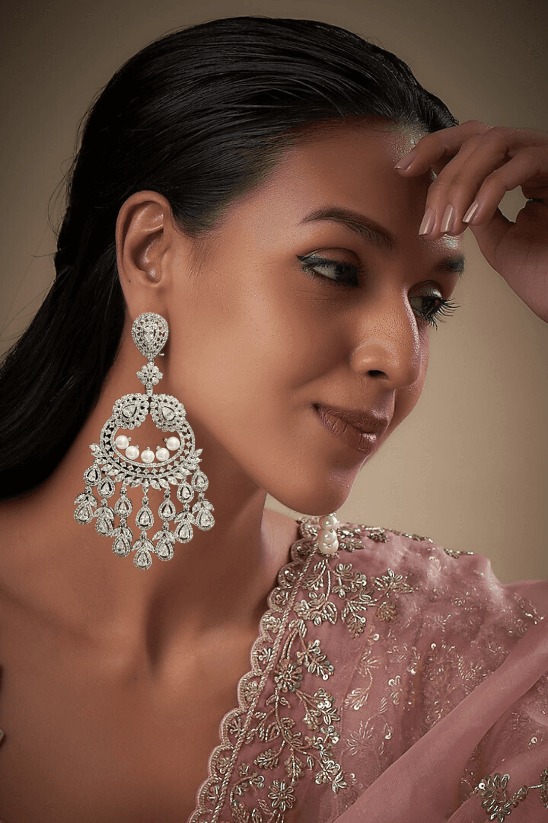 Imaan Grandeur Crescent Earrings - 4.2-inch rhodium-plated earrings featuring pavé crystals, pearls, and teardrop details for an elegant look.